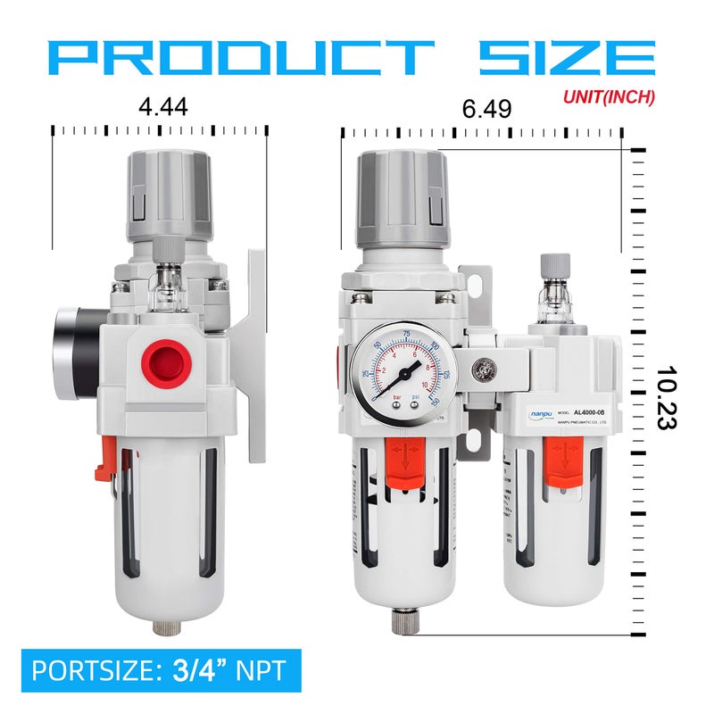 NANPU مجموعة منظم مرشح زيت الهواء المضغوط NANPU 3/4" NPT (FRL) فاصل ماء/زيت - مقياس (0-150 psi)، عنصر نحاسي 5 ميكرون، وعاء بولي، تصريف شبه تلقائي، قاعدة معدنية - Image 3